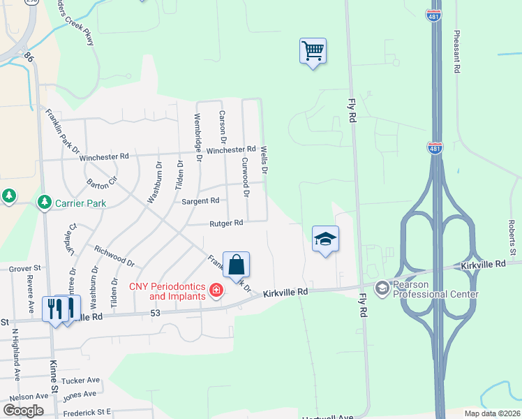 map of restaurants, bars, coffee shops, grocery stores, and more near 6601 Rutger Road in East Syracuse