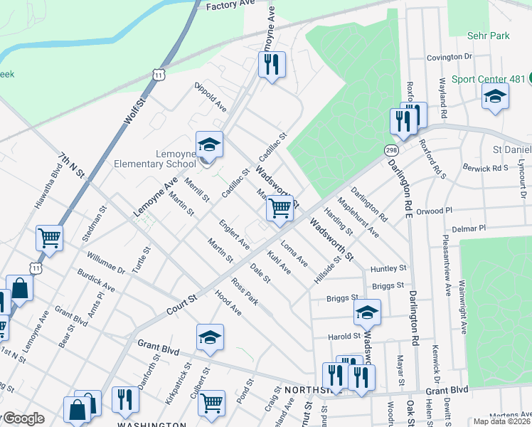 map of restaurants, bars, coffee shops, grocery stores, and more near 212 Loma Avenue in Syracuse