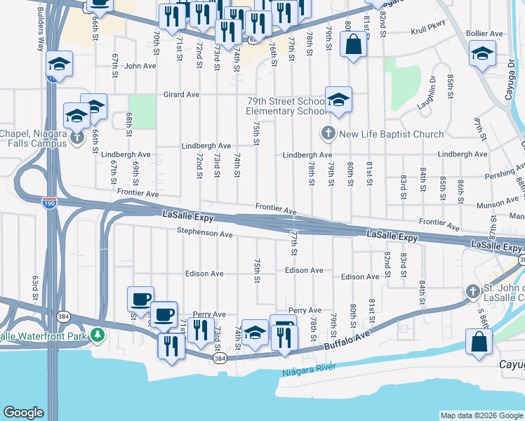 map of restaurants, bars, coffee shops, grocery stores, and more near 7507 Frontier Avenue in Niagara Falls