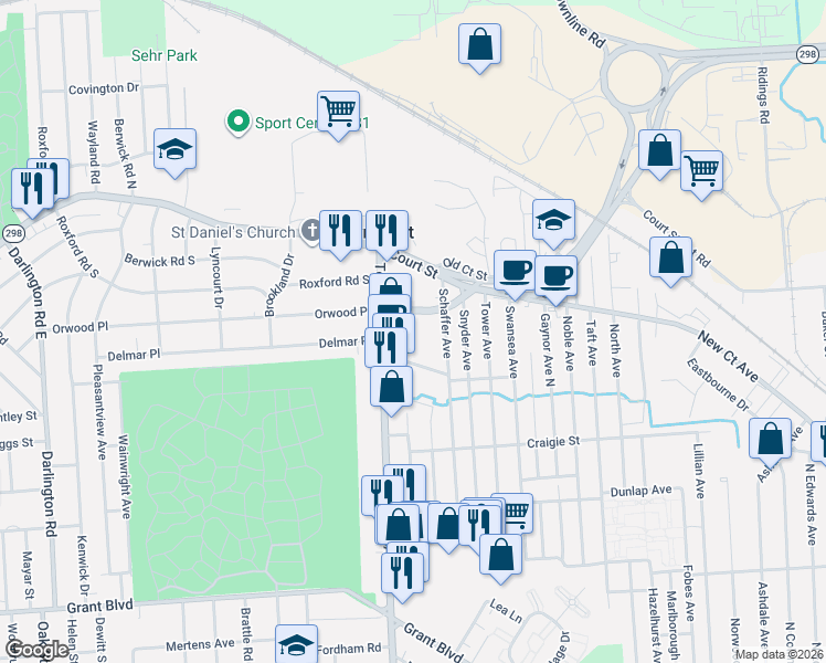 map of restaurants, bars, coffee shops, grocery stores, and more near 106 Arterial Road in Syracuse