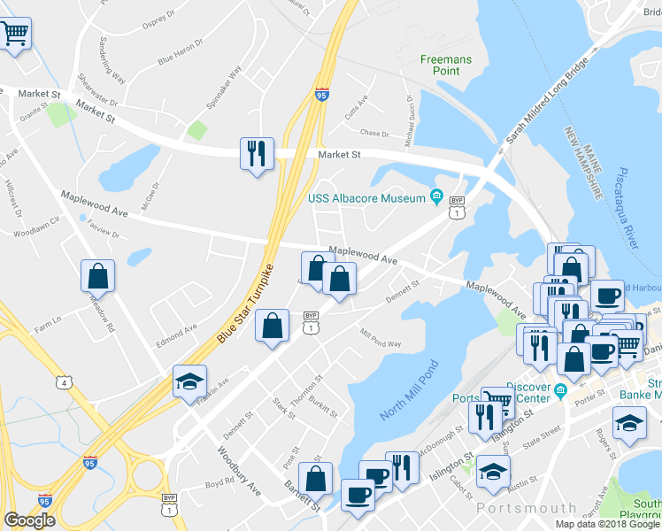 map of restaurants, bars, coffee shops, grocery stores, and more near 4 Cutts Street in Portsmouth