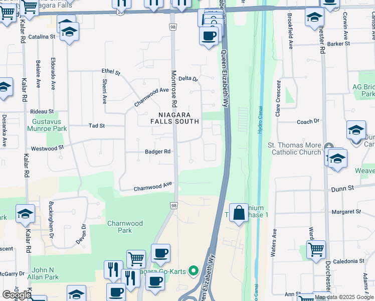 map of restaurants, bars, coffee shops, grocery stores, and more near 6527 Kuhn Crescent in Niagara Falls