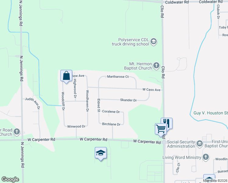 map of restaurants, bars, coffee shops, grocery stores, and more near 3218 Skander Drive in Flint