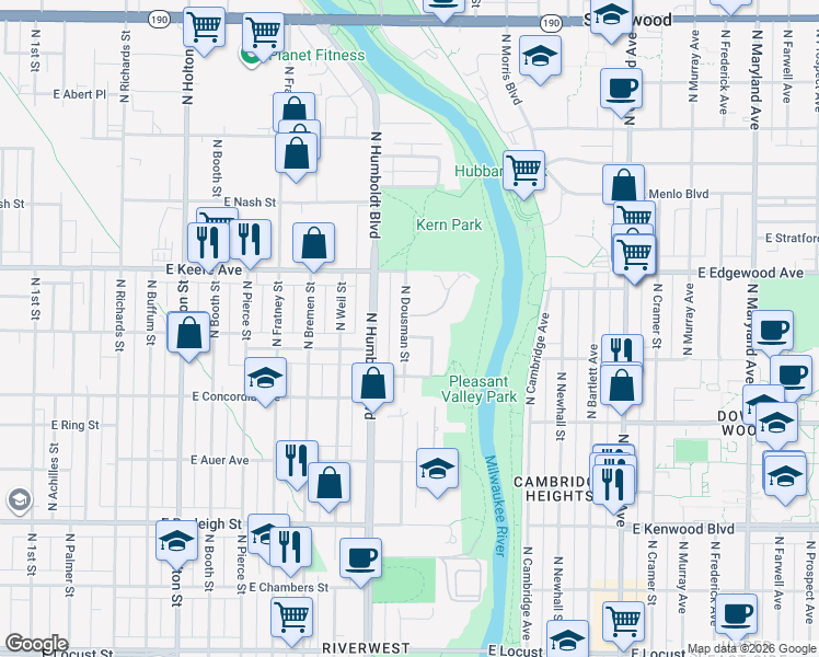 map of restaurants, bars, coffee shops, grocery stores, and more near 3371 North Gordon Place in Milwaukee
