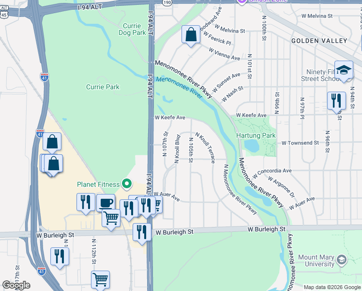map of restaurants, bars, coffee shops, grocery stores, and more near 3315 North Knoll Boulevard in Wauwatosa