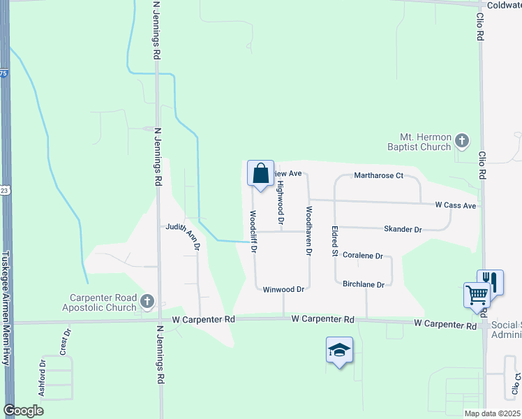 map of restaurants, bars, coffee shops, grocery stores, and more near 5171 Highwood Drive in Flint
