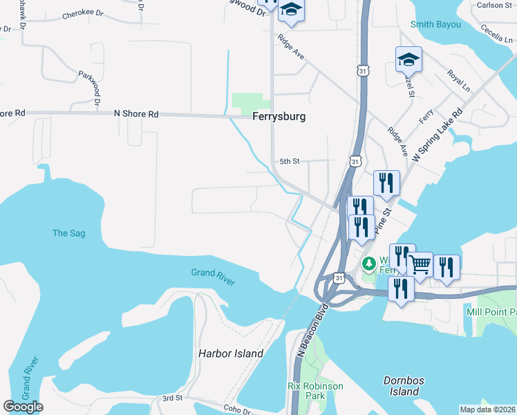 map of restaurants, bars, coffee shops, grocery stores, and more near 200 Evergreen Drive in Spring Lake