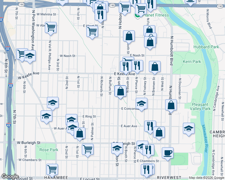 map of restaurants, bars, coffee shops, grocery stores, and more near 3368 North Buffum Street in Milwaukee