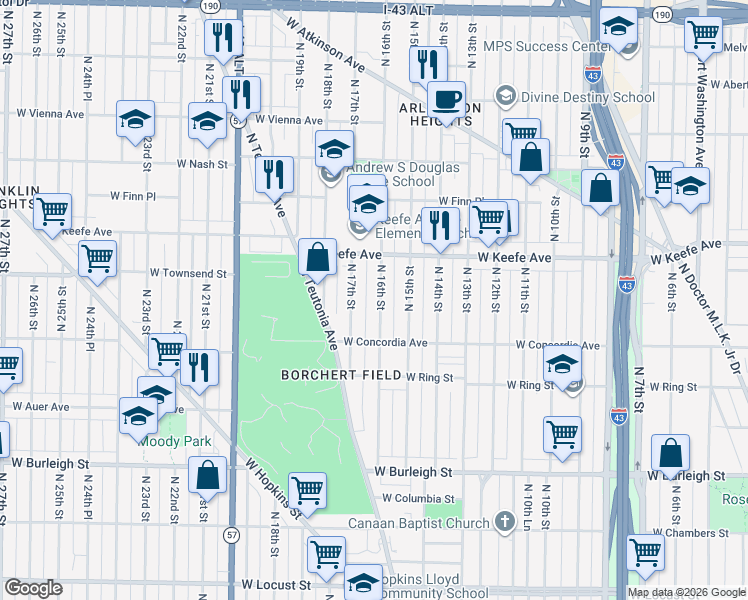 map of restaurants, bars, coffee shops, grocery stores, and more near 3347 North 16th Street in Milwaukee