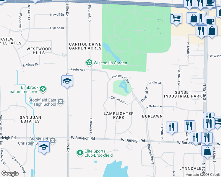 map of restaurants, bars, coffee shops, grocery stores, and more near 3370 Parkside Drive in Brookfield