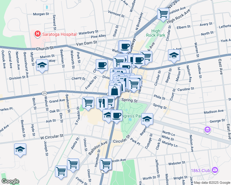 map of restaurants, bars, coffee shops, grocery stores, and more near 5 Washington Street in Saratoga Springs