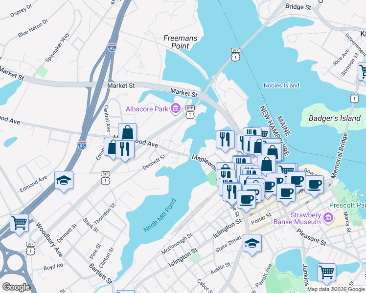 map of restaurants, bars, coffee shops, grocery stores, and more near 235 Maplewood Avenue in Portsmouth