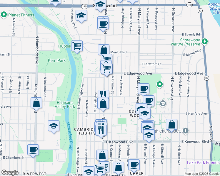 map of restaurants, bars, coffee shops, grocery stores, and more near 3423 North Cramer Street in Milwaukee