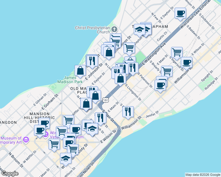 map of restaurants, bars, coffee shops, grocery stores, and more near 12 N Blount St in Madison