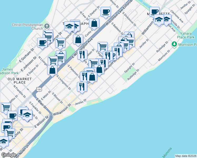 map of restaurants, bars, coffee shops, grocery stores, and more near 933 Williamson Street in Madison