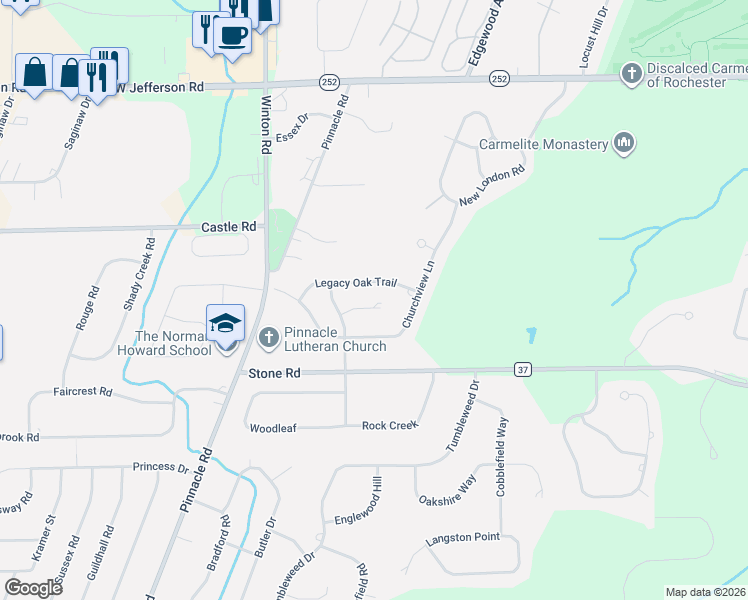map of restaurants, bars, coffee shops, grocery stores, and more near 27 Hayfield Way in Pittsford