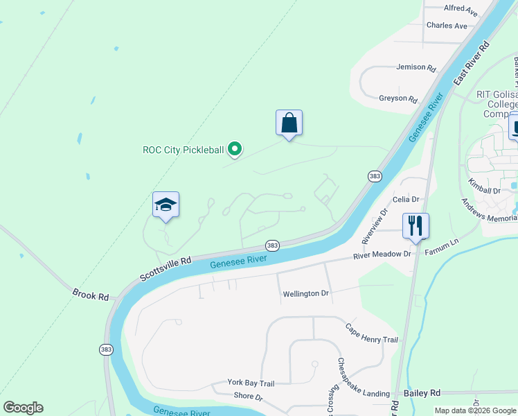 map of restaurants, bars, coffee shops, grocery stores, and more near 28 Great Meadow Circle in Rochester