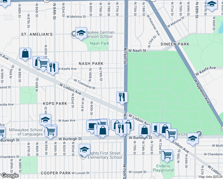 map of restaurants, bars, coffee shops, grocery stores, and more near 3346 North 78th Street in Milwaukee