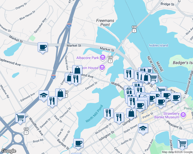 map of restaurants, bars, coffee shops, grocery stores, and more near 36 North School Street in Portsmouth
