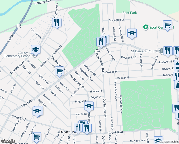 map of restaurants, bars, coffee shops, grocery stores, and more near 721 Darlington Road in Syracuse