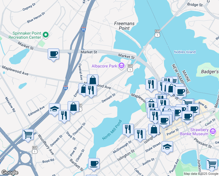map of restaurants, bars, coffee shops, grocery stores, and more near 36 North School Street in Portsmouth