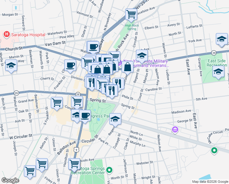 map of restaurants, bars, coffee shops, grocery stores, and more near 74 Phila Street in Saratoga Springs