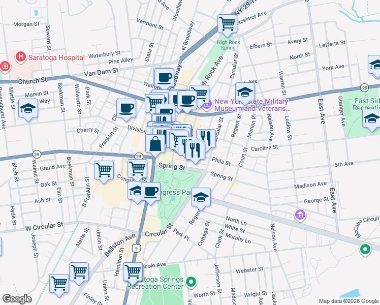 map of restaurants, bars, coffee shops, grocery stores, and more near 44 Phila Street in Saratoga Springs