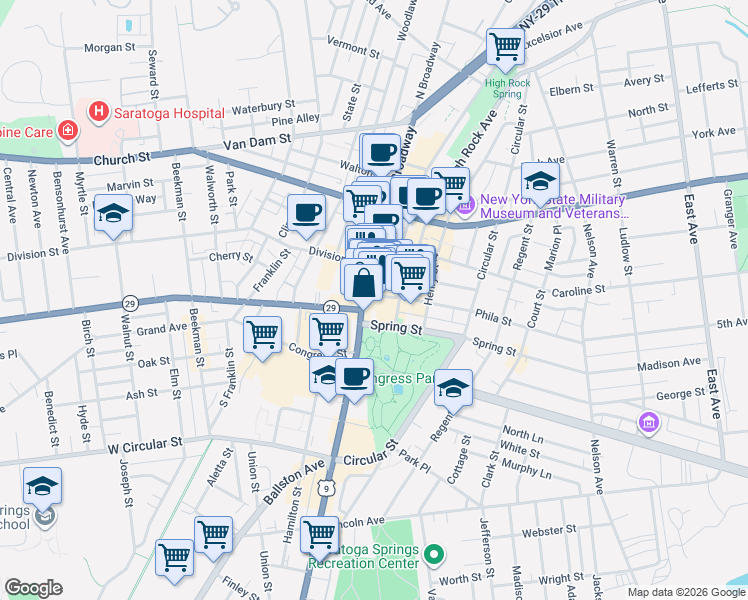 map of restaurants, bars, coffee shops, grocery stores, and more near 13 Spring Street in Saratoga Springs