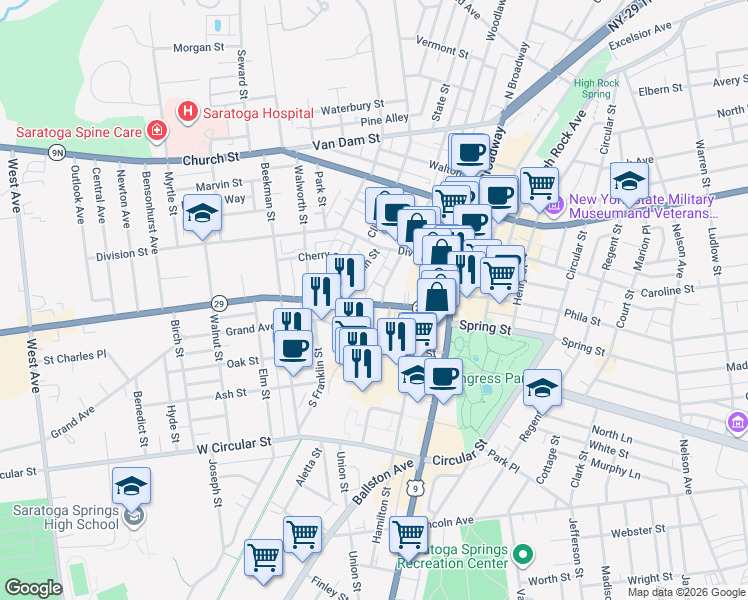 map of restaurants, bars, coffee shops, grocery stores, and more near 68 Washington Street in Saratoga Springs