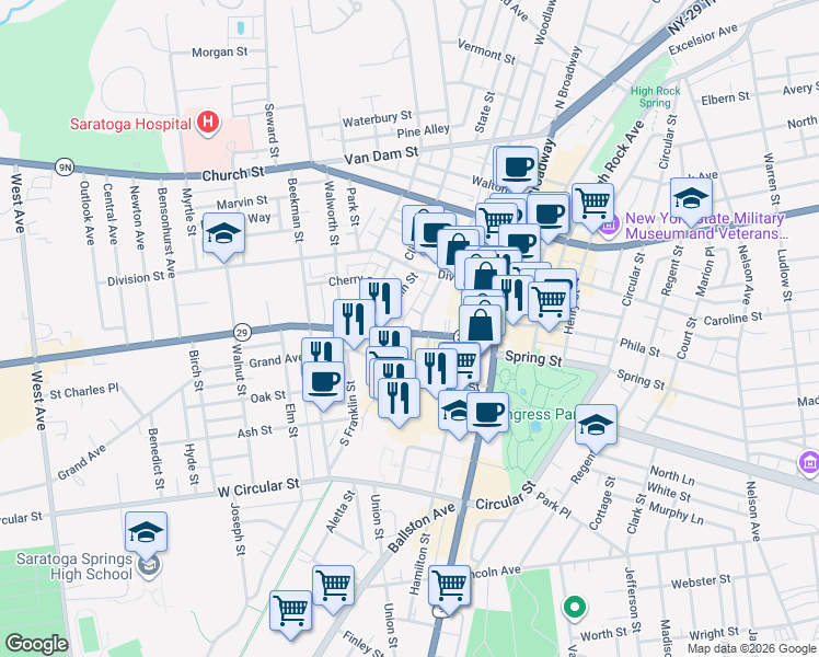 map of restaurants, bars, coffee shops, grocery stores, and more near 68 Washington Street in Saratoga Springs
