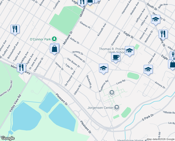 map of restaurants, bars, coffee shops, grocery stores, and more near 1000 Sherman Drive in Utica