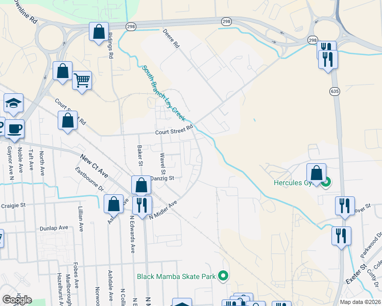 map of restaurants, bars, coffee shops, grocery stores, and more near 311 Wavel Street in Syracuse