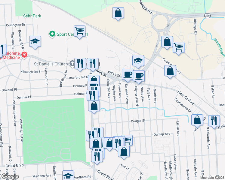 map of restaurants, bars, coffee shops, grocery stores, and more near 409 Snyder Avenue in Syracuse