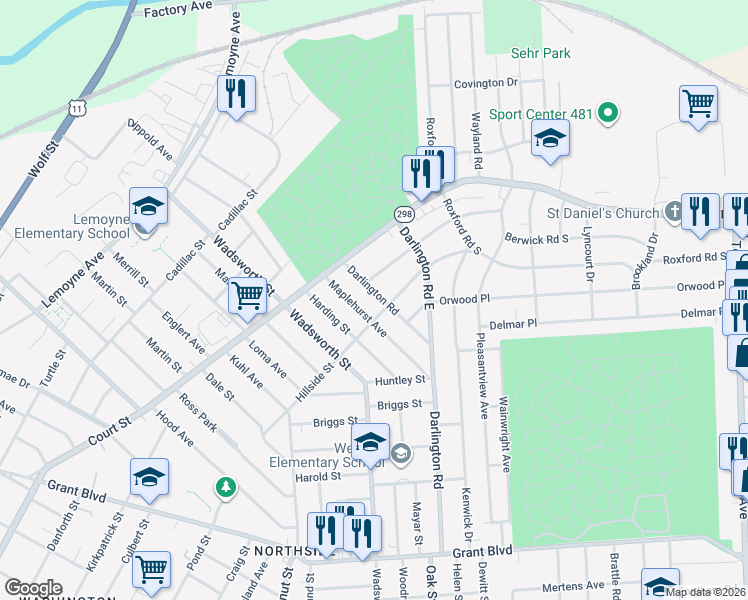 map of restaurants, bars, coffee shops, grocery stores, and more near 721 Darlington Road in Syracuse