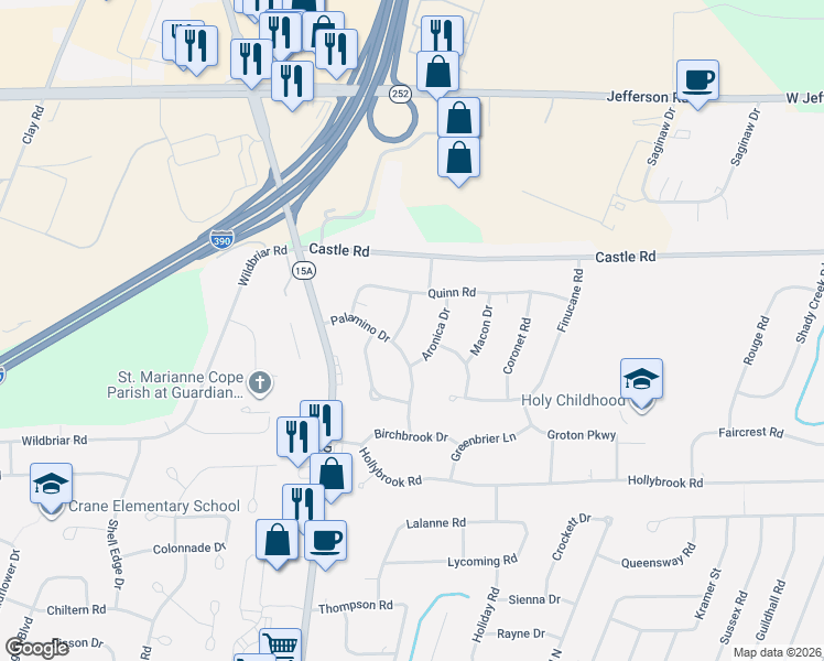 map of restaurants, bars, coffee shops, grocery stores, and more near 47 Aronica Drive in Rochester