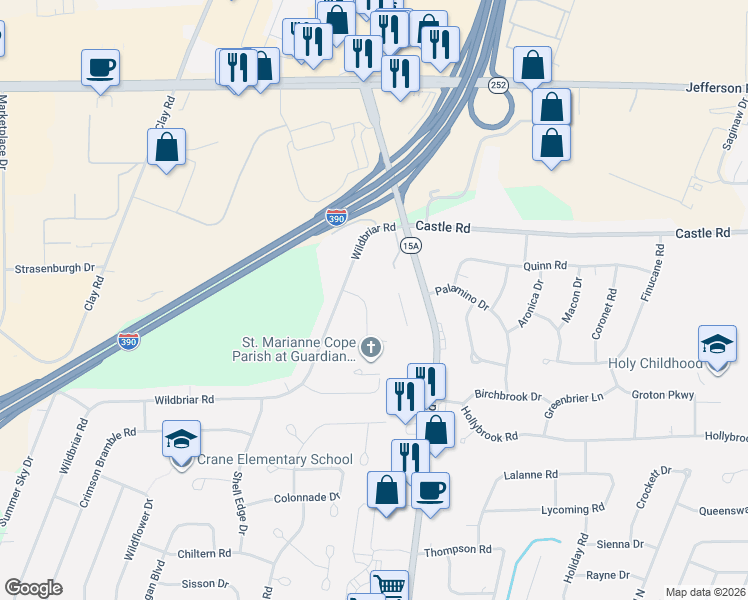 map of restaurants, bars, coffee shops, grocery stores, and more near 22 Ice Rose Lane in Rochester