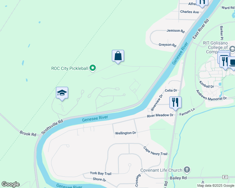 map of restaurants, bars, coffee shops, grocery stores, and more near 44 Great Meadow Circle in Rochester