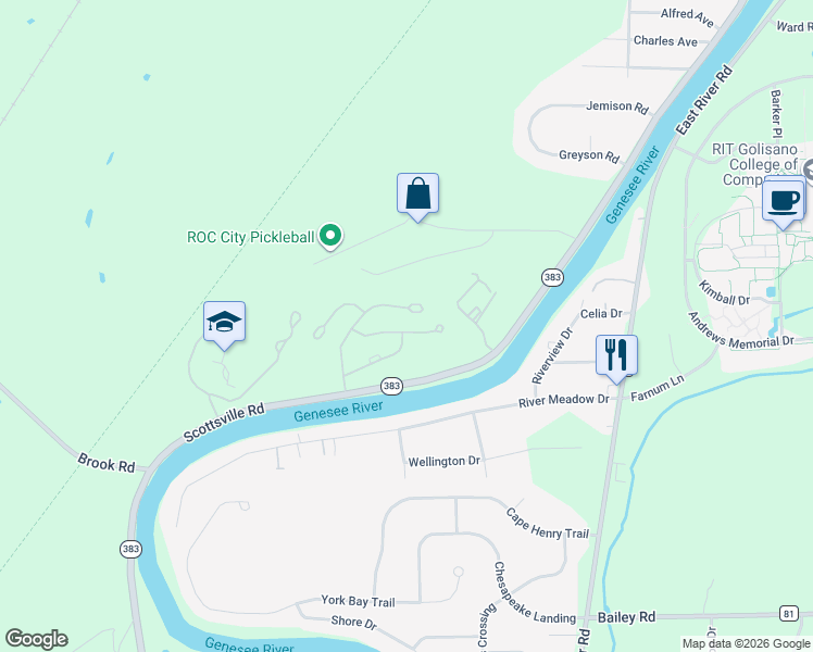 map of restaurants, bars, coffee shops, grocery stores, and more near 44 Great Meadow Circle in Rochester