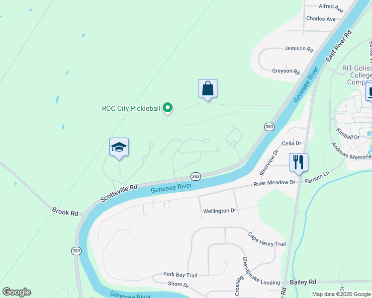 map of restaurants, bars, coffee shops, grocery stores, and more near 28 Great Meadow Circle in Rochester