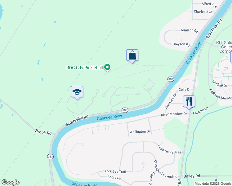 map of restaurants, bars, coffee shops, grocery stores, and more near 4 Great Meadow Circle in Rochester