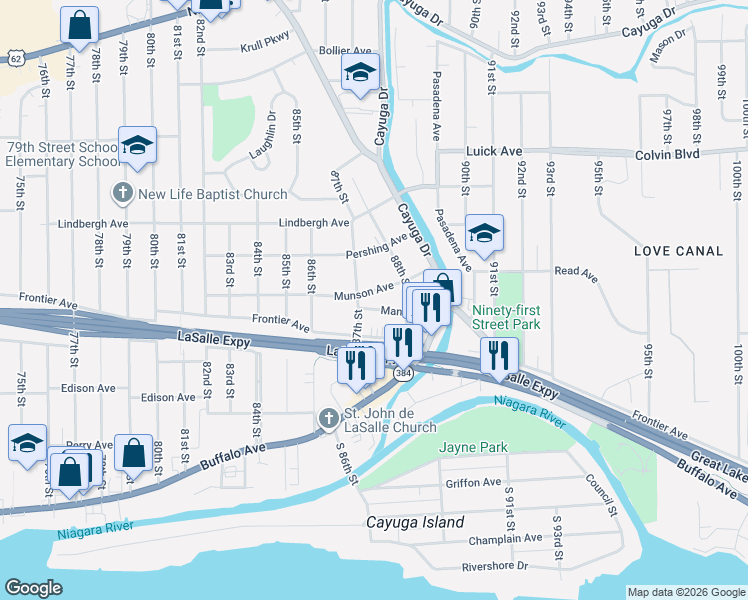 map of restaurants, bars, coffee shops, grocery stores, and more near 8723 Mang Avenue in Niagara Falls