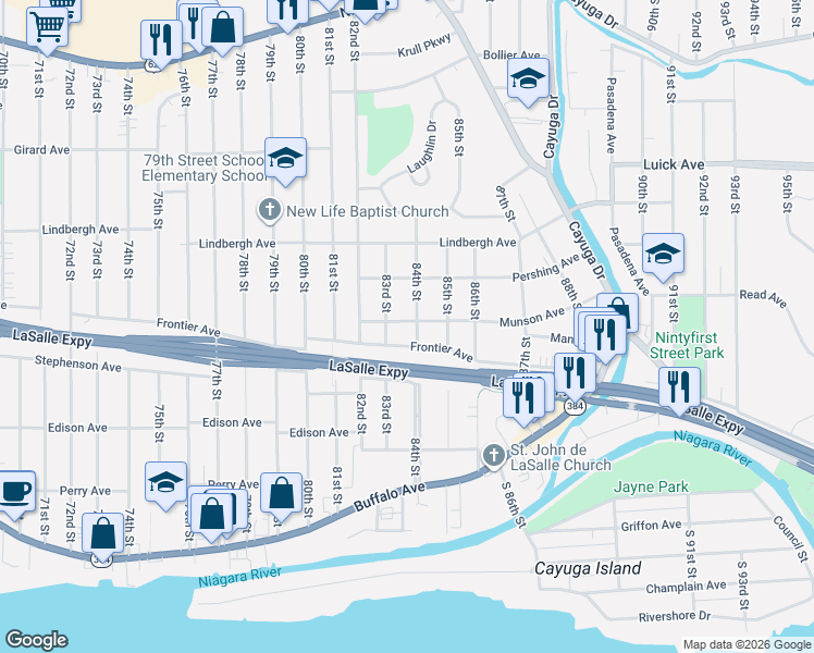 map of restaurants, bars, coffee shops, grocery stores, and more near 8304 Frontier Avenue in Niagara Falls