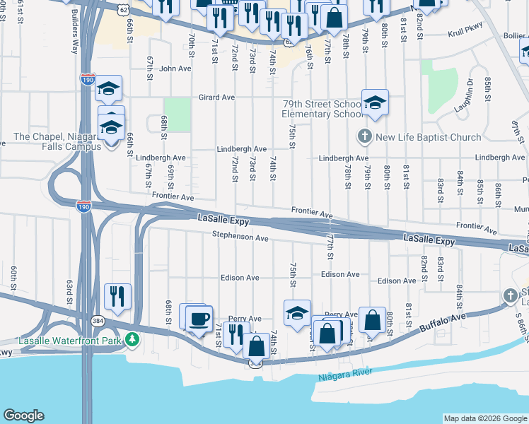 map of restaurants, bars, coffee shops, grocery stores, and more near 7403 Frontier Avenue in Niagara Falls