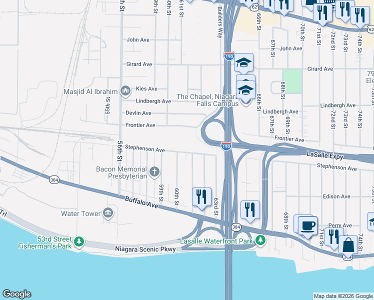 map of restaurants, bars, coffee shops, grocery stores, and more near 225 60th Street in Niagara Falls