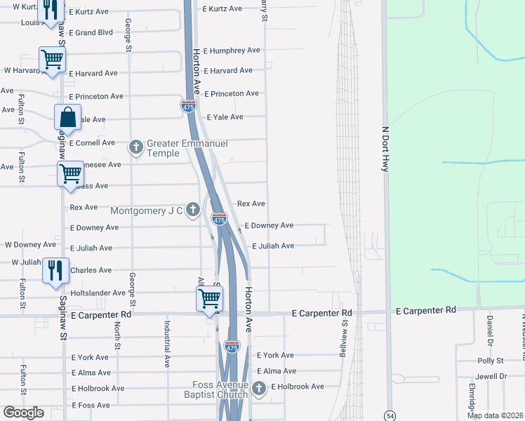 map of restaurants, bars, coffee shops, grocery stores, and more near 1323 East Downey Avenue in Flint