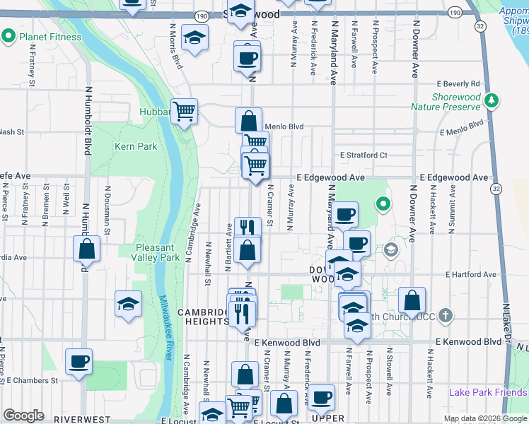 map of restaurants, bars, coffee shops, grocery stores, and more near 3423 North Cramer Street in Milwaukee