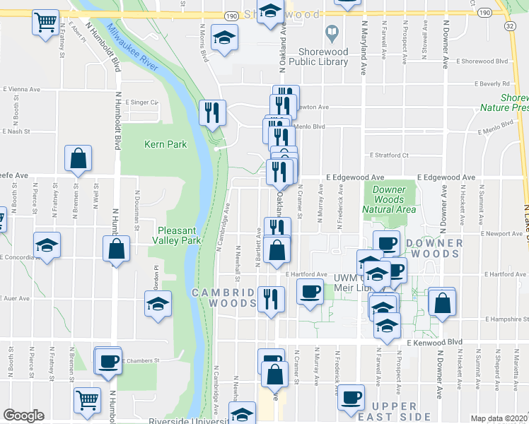 map of restaurants, bars, coffee shops, grocery stores, and more near 3421 North Oakland Avenue in Milwaukee