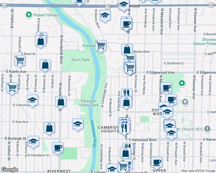map of restaurants, bars, coffee shops, grocery stores, and more near 3201 North Cambridge Avenue in Milwaukee