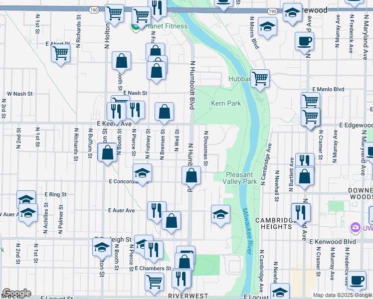 map of restaurants, bars, coffee shops, grocery stores, and more near 1004-1006 East Townsend Street in Milwaukee