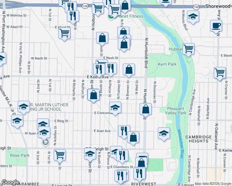 map of restaurants, bars, coffee shops, grocery stores, and more near 732 East Townsend Street in Milwaukee